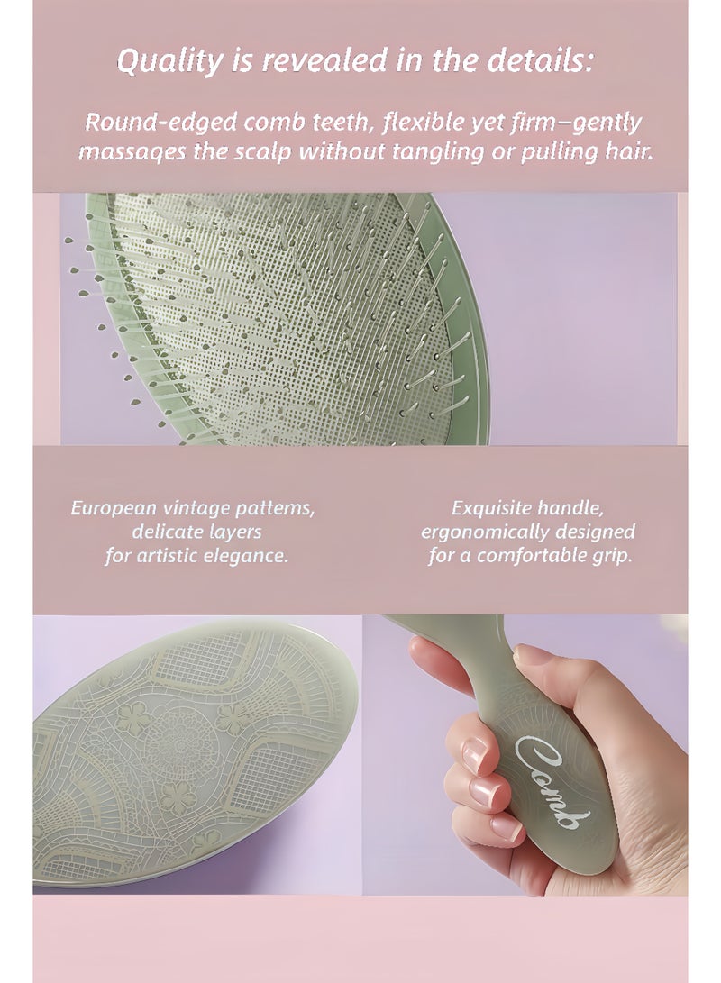 Green Floral Air Cushion Fine Tooth Hair Brush 21.5cm with Rattan Pattern • Elegant Gift for Women - Image 3